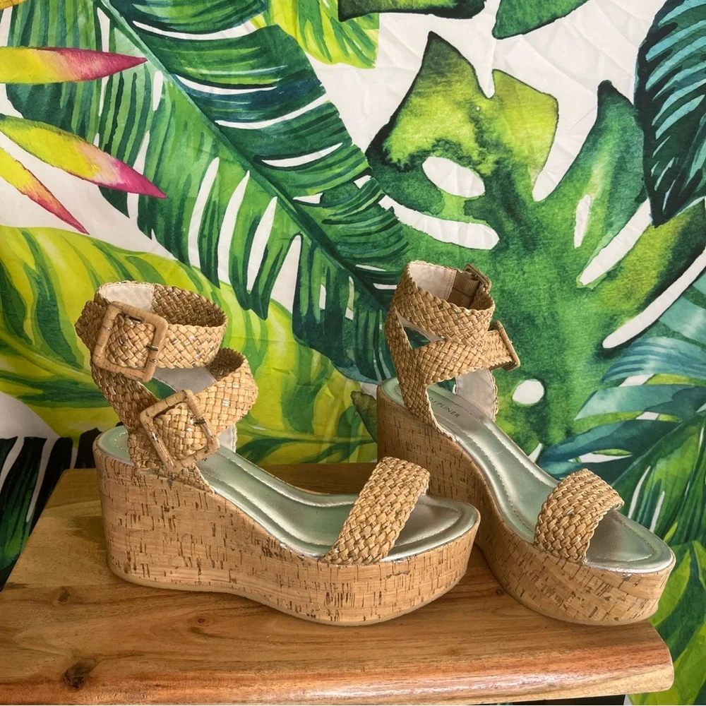 Donald J. Pliner 9.5M Tan Silver Metallic Double Buckle Cork Wedge Preppy Sandal